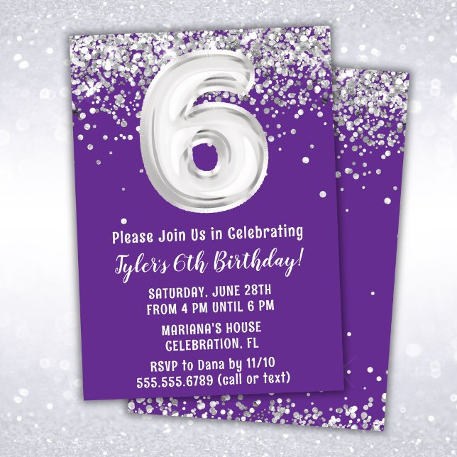 Invitation Purple Silver 6e fête d'anniversaire (Créateur téléchargé)