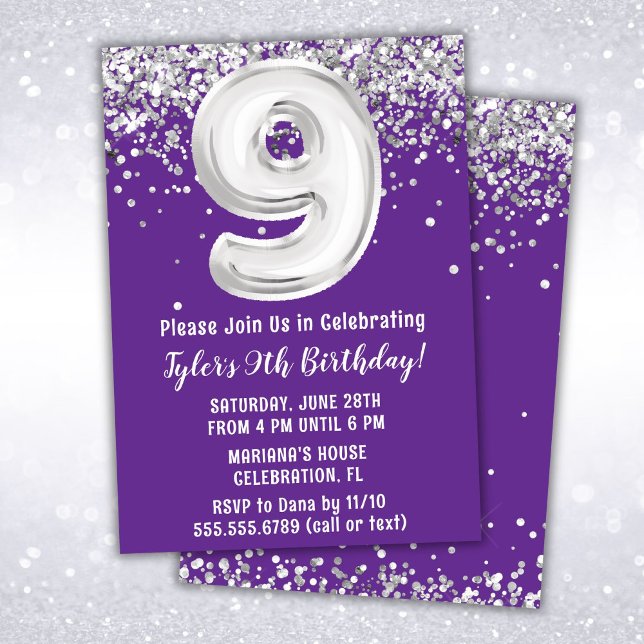 Invitation Purple Silver 9e fête d'anniversaire (Créateur téléchargé)