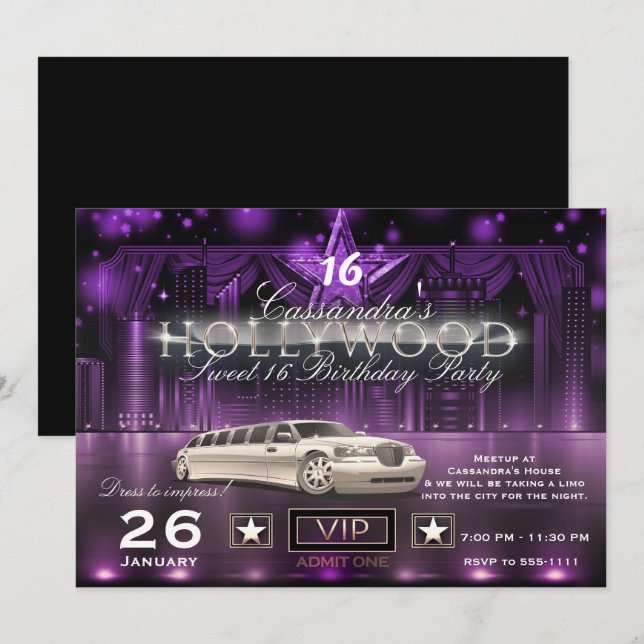 Invitation Purple & Silver City Lights Limo Hollywood Party (Devant / Derrière)