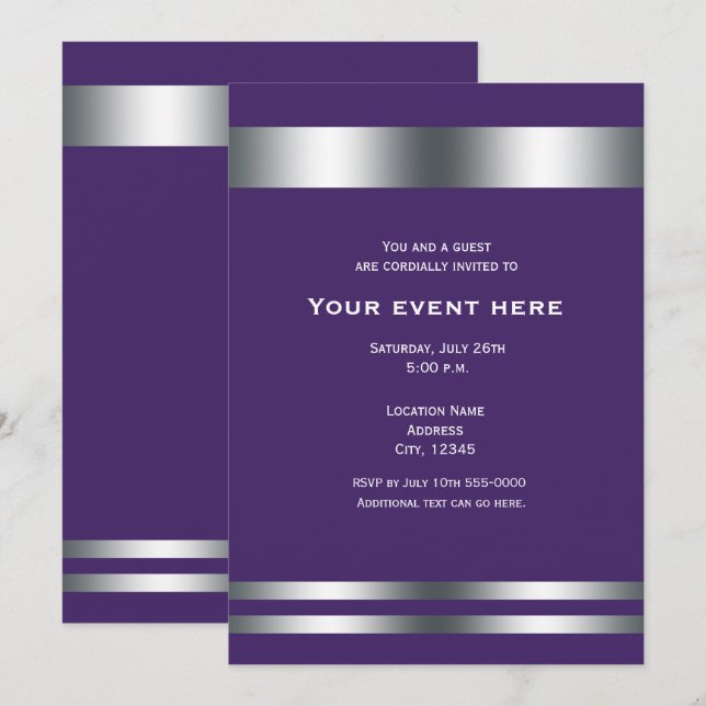 Invitation Purple & Silver Elegant Dinner Party Événement (Devant / Derrière)