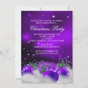 Invitation Purple Silver Gold Holly Baubles Noël fête 2