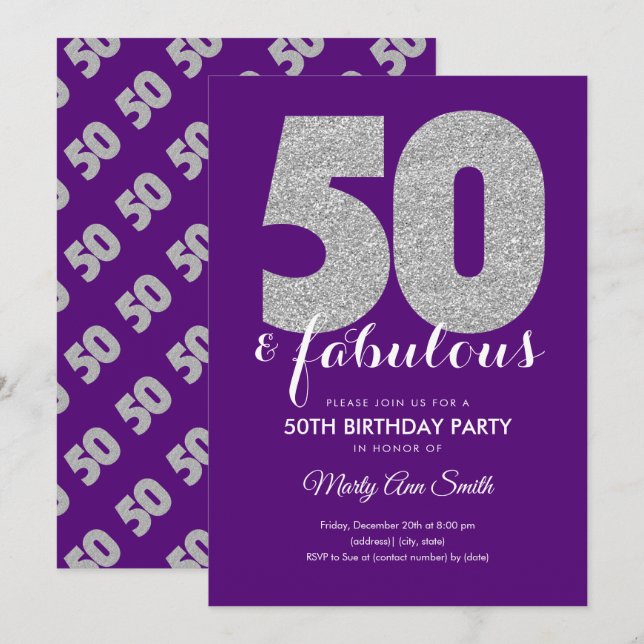 Invitation Purple Silver Parties scintillant 50 & Fabuleux fê (Devant / Derrière)