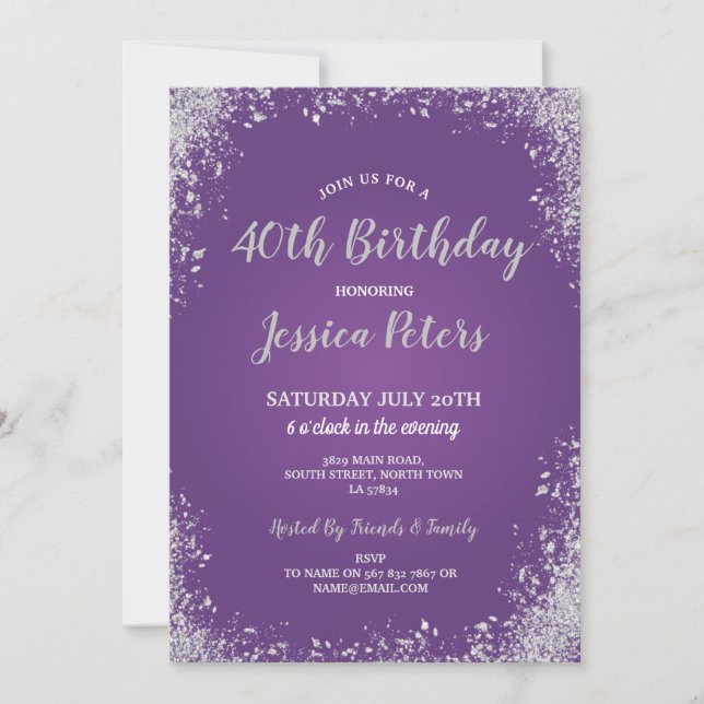 Invitation Purple & Silver Party Élégante étincelle d'anniver (Devant)