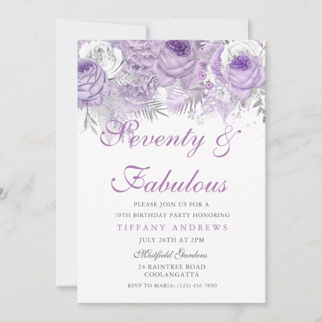 Invitation Purple Silver Soixante-dix et fabuleux 70e anniver (Devant)