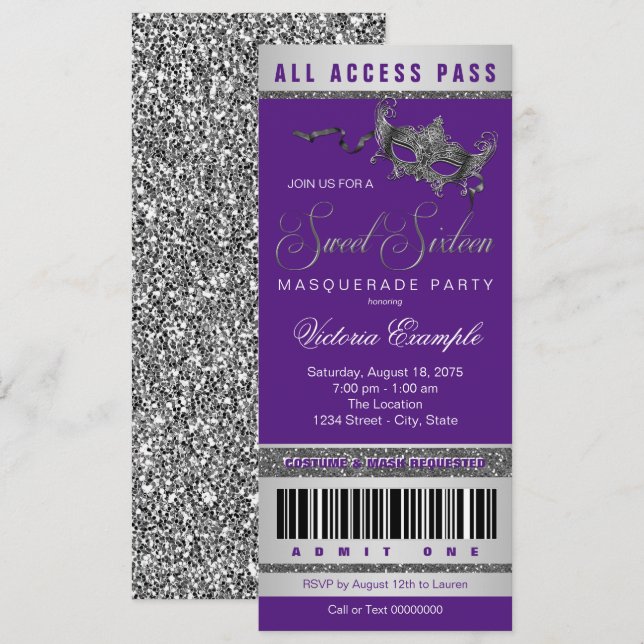 Invitation Purple Silver Sweet 16 Masquerade Party Ticket (Devant / Derrière)