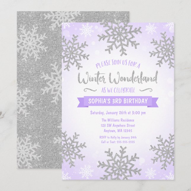Invitation Purple Silver Winter Wonderland Girl Anniversaire (Devant / Derrière)