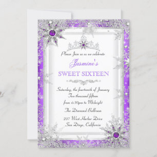 Invitation Purple Silver Winter Wonderland Sweet 16 Snowflake