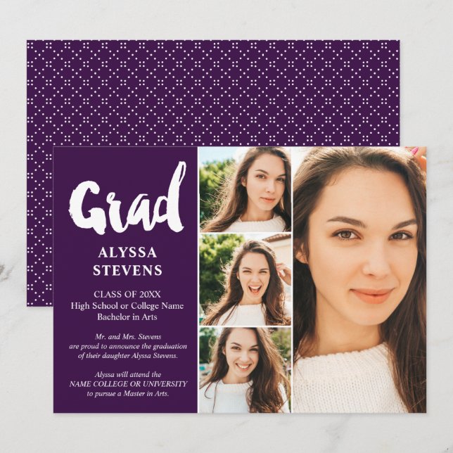 Invitation Purple simple Grad script 4 photos graduation (Devant / Derrière)