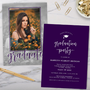 Invitation Purple Single Photo Script Graduation