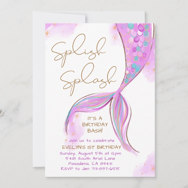 Invitation Purple Sirène Splish Splash Girl Anniversaire (Devant)