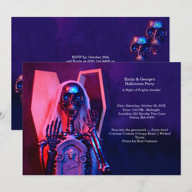 Invitation Purple Skeleton Coffin Halloween Party (Devant / Derrière)