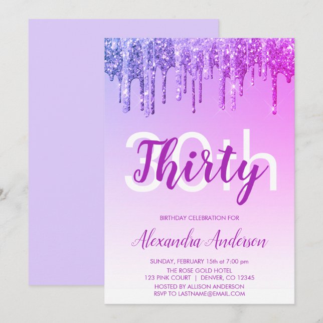 Invitation Purple Sparkle Parties scintillant 30e fête d'anni (Devant / Derrière)