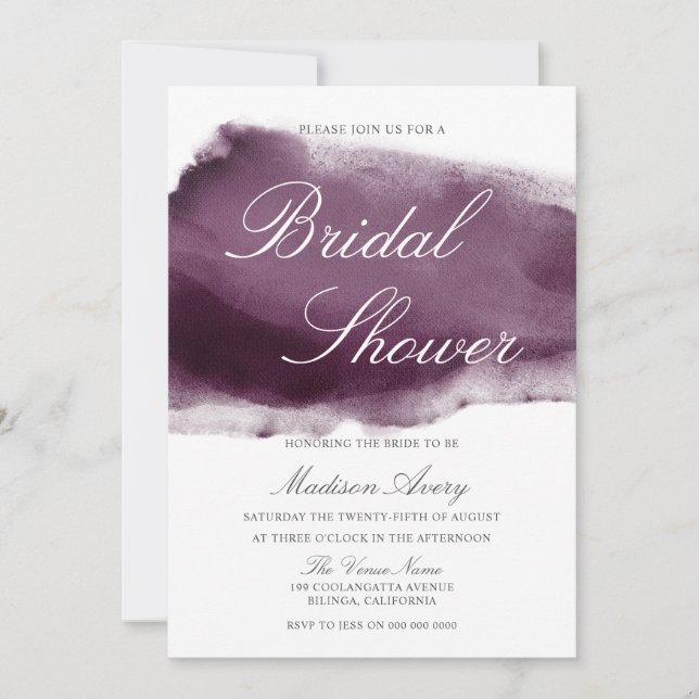 Invitation Purple Splash Fête des mariées d'aquarelle moderne (Devant)