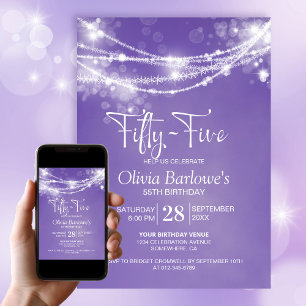 Invitation Purple String Lights 55e fête d'anniversaire