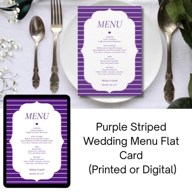Invitation Purple Striped Wedding Menu Flat Card (Créateur téléchargé)