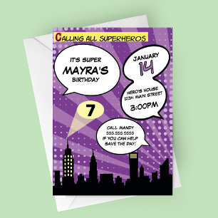 Invitation Purple Superheros Comédie Livre Styled Anniversair