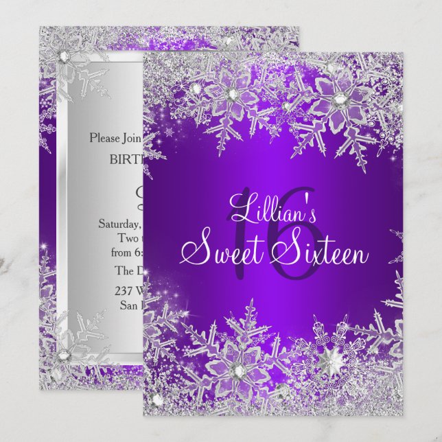 Invitation Purple Sweet 16 Snowflake Winter Wonderland (Devant / Derrière)