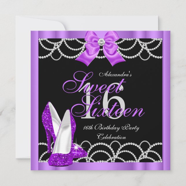 Invitation Purple Sweet Sweet sixteen 16 Partie Parties scint (Devant)