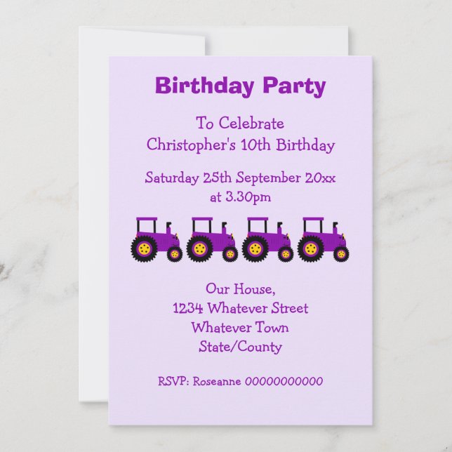 Invitation Purple Tractor Design Fête d'anniversaire du garço (Devant)