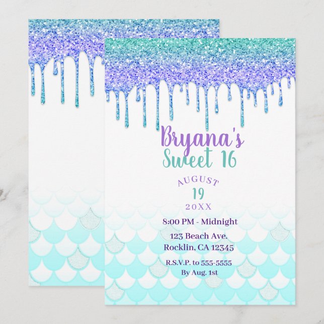 Invitation Purple & Turquoise Aqua Parties scintillant Drip M (Devant / Derrière)