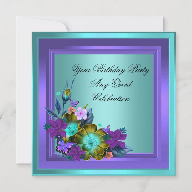 Invitation Purple Turquoise Blue Floral Élégante fête (Devant)