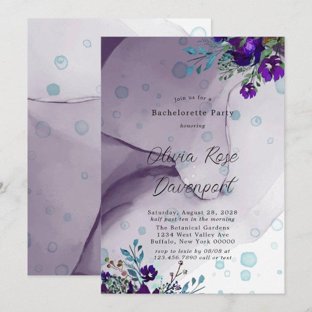 Invitation Purple Turquoise Botanique Floral Bachelorette Par (Devant / Derrière)