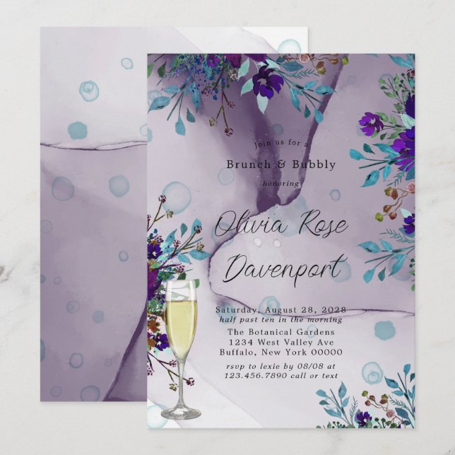 Invitation Purple Turquoise Botanique Floral Brunch & Bubbly (Devant / Derrière)