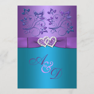 Invitation Purple, Turquoise Coeurs Floraux Monogramme Mariag