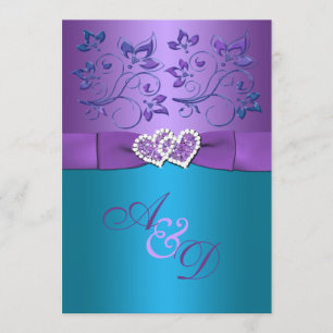 Invitation Purple, Turquoise Coeurs Floraux Monogramme Mariag