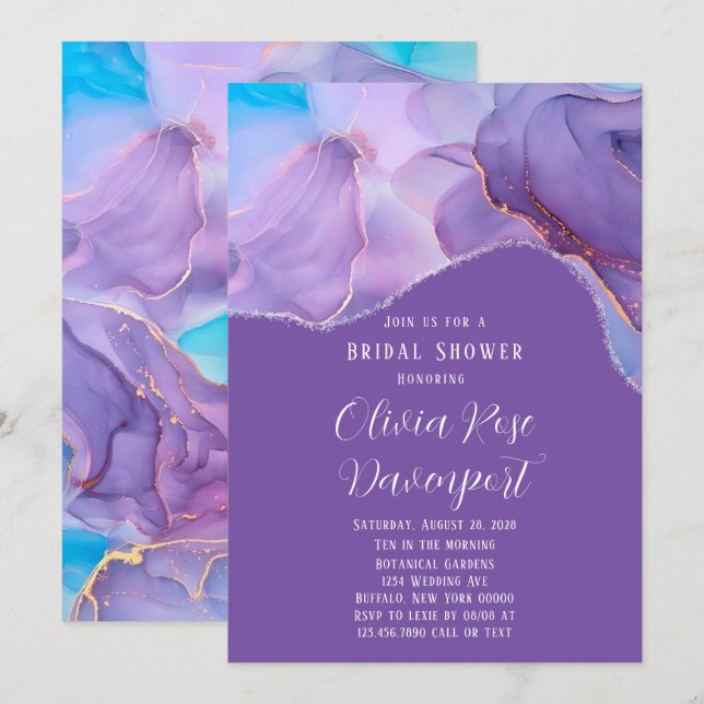 Invitation Purple Turquoise Encre d'alcool Fête des mariées é (Devant / Derrière)