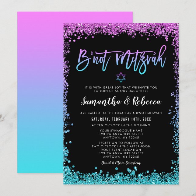 Invitation Purple Turquoise Faux Parties scintillant B'not Mi (Devant / Derrière)
