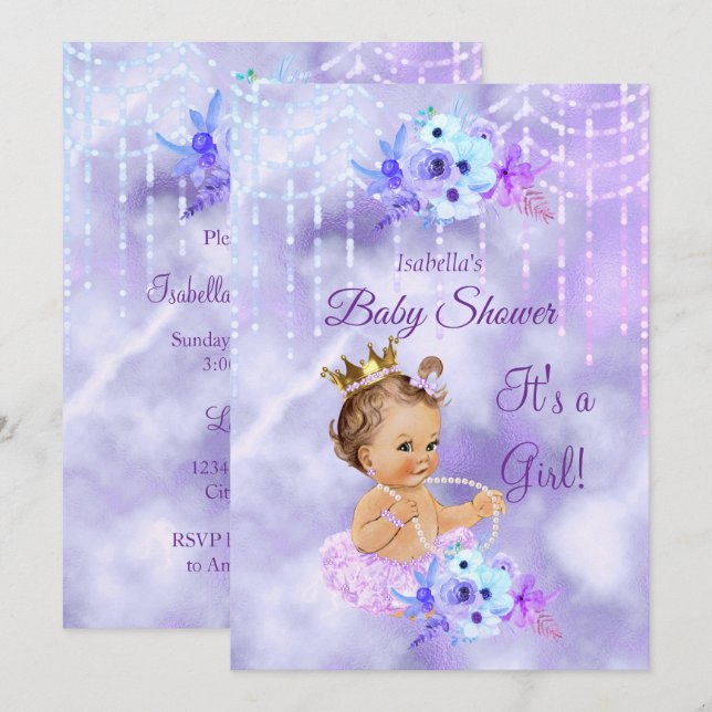 Invitation Purple Turquoise floral Fille Baby shower Brunette (Devant / Derrière)