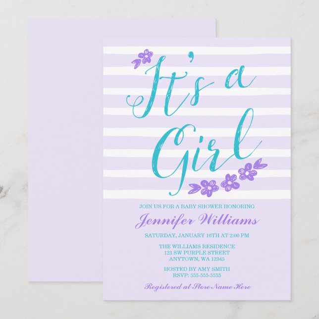 Invitation Purple Turquoise Flower Stripes Bébé Douche Invita (Devant / Derrière)