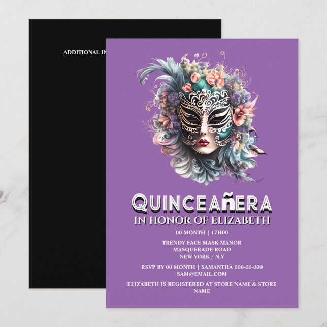 Invitation Purple turquoise masquerade thème quinceanera anni (Devant / Derrière)