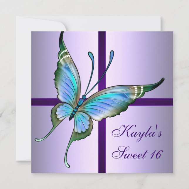 Invitation Purple Turquoise Papillon sucré 16 fête d'annivers (Devant)