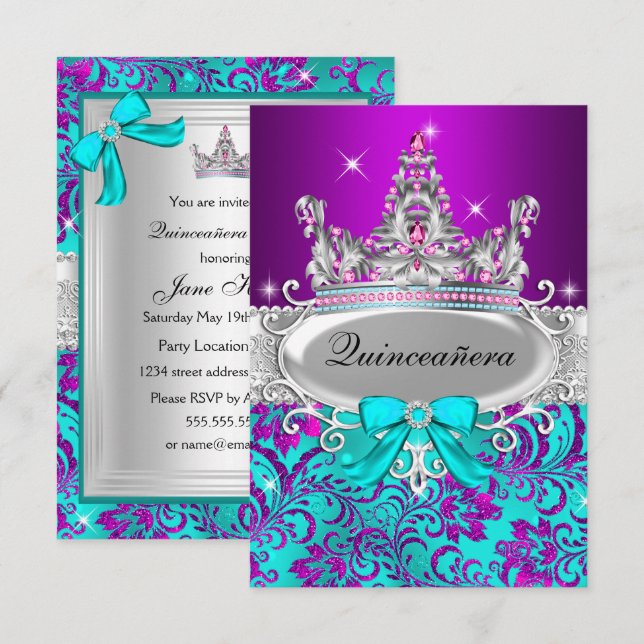 Invitation Purple Turquoise Shimmer Tiara Quinceanera Invitat (Devant / Derrière)