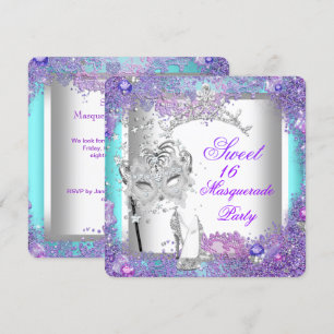 Invitation Purple Turquoise Sweet sixteen 16 Masquerade Party