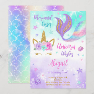 Invitation Purple Turquoise Unicorn Sirène Anniversaire Invit