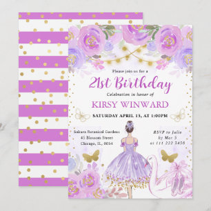 Invitation Purple Tutu Brunette Cheveux Ballerina Anniversair