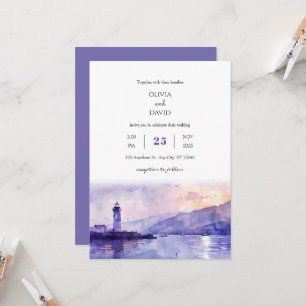 Invitation Purple Twilight Lighthouse Harbour Beach Mariage