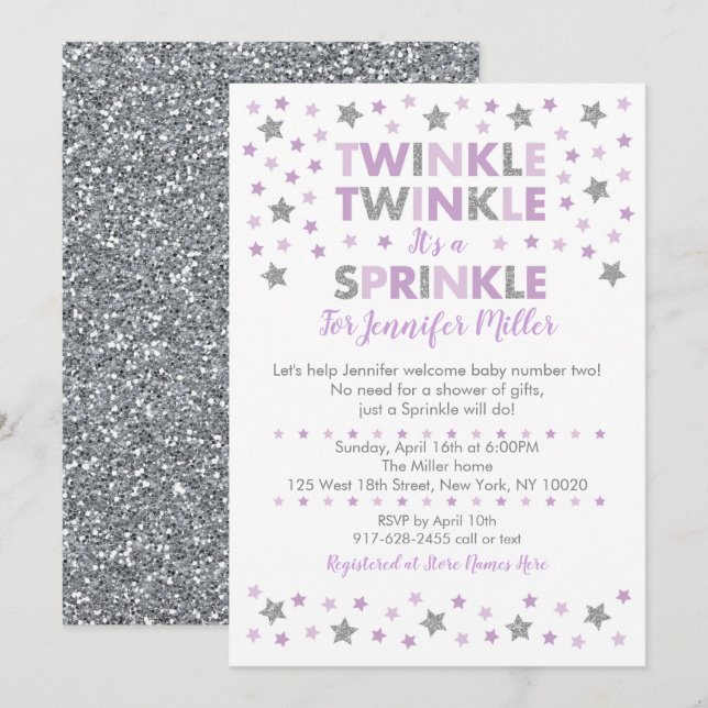 Invitation Purple Twinkle Star Baby Sprinkle (Devant / Derrière)