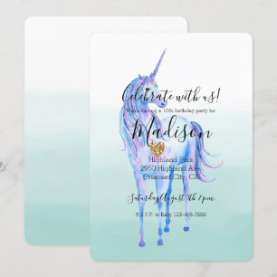 Invitation Purple Unicorn Gold Parties scintillant Coeur Mint