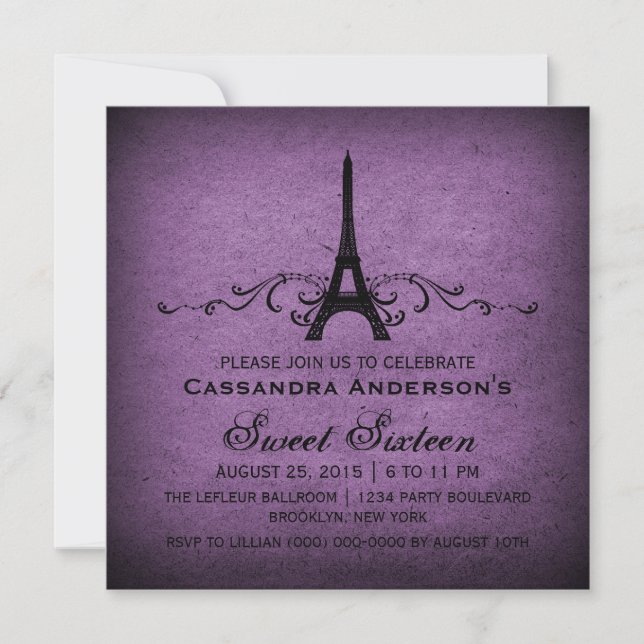 Invitation Purple Vintage Français Flourish Sweet 16 Invitati (Devant)