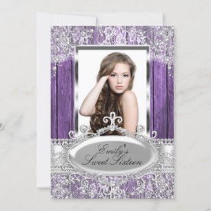 Invitation Purple Vintage perle dentelle & bois Photo Sweet 1