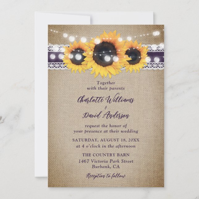 Invitation Purple Vintage Tournesol Burlap Mariage dentelle (Devant)