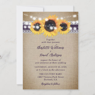 Invitation Purple Vintage Tournesol Burlap Mariage dentelle