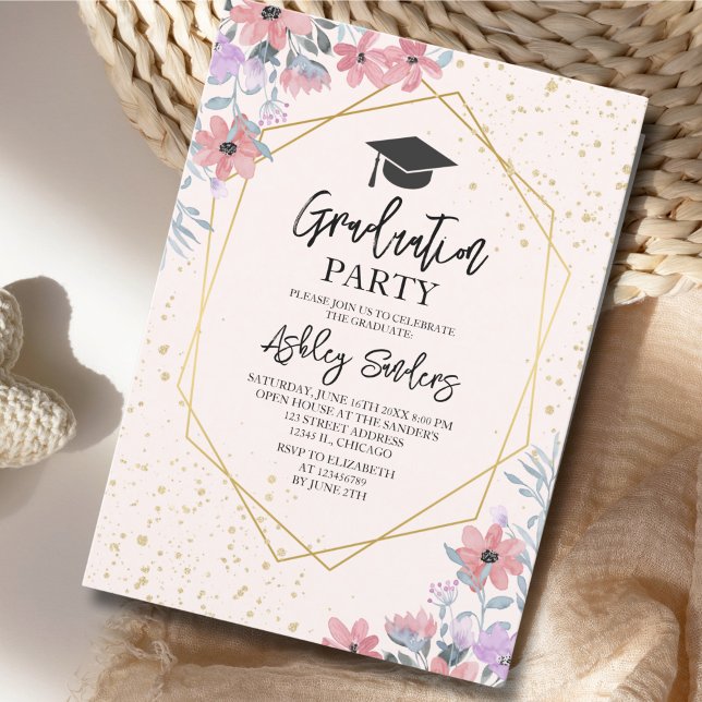 Invitation Purple watercolor flowers with gold Glitter (Créateur téléchargé)