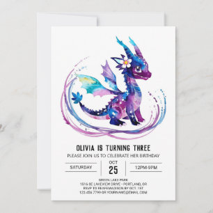 Invitation Purple Whimsical Dragon Digital Girl Anniversaire