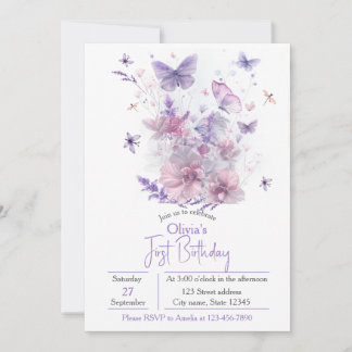 Invitation Purple Wildflowers Butterfly Girl's 1st Birthday 