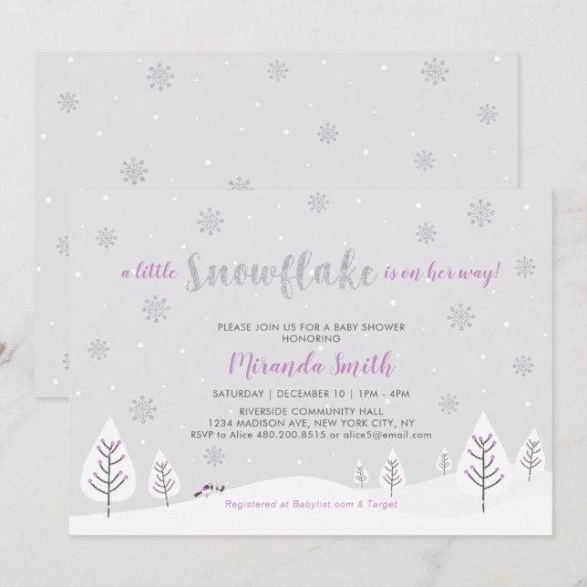 Invitation Purple Winter Wonderland Girl Baby shower/Sprinkin (Devant / Derrière)